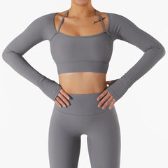 Ribbed halter long sleeve yoga top for women.