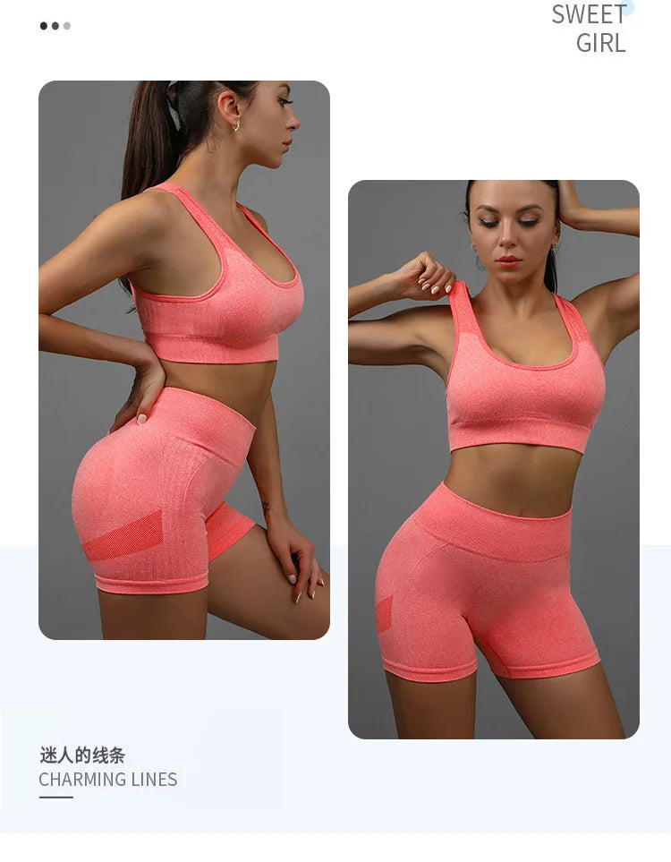 2 Pcs Yoga Set Women Hollow Back Sports Bra+Hip Lifting Sports Shorts Workout Set Seamless Fitness Gym Set Sportswear Tracksuit