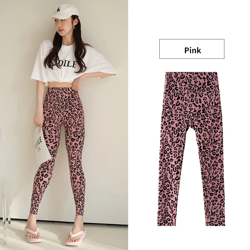 BIVIGAOS 2025 Spring Summer New Pink Leopard Print Sharkskin Leggings Women High Waist Seamless Tight Sexy Sport Fitness Legging