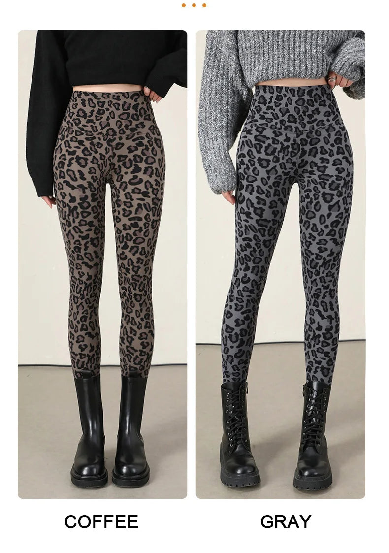 BIVIGAOS New Autumn Winter Thin Velvet Fashion Leopard Sharkskin Leggings Women High Waisted Sexy Slim Tight Warm Leggings