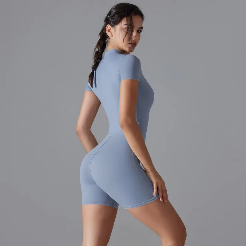 Summer Zipper Workout Jumpsuit Sports Overalls Women Gym Clothing Running Fitness Suits Gym Tracksuit Short Sportswear Yoga Set