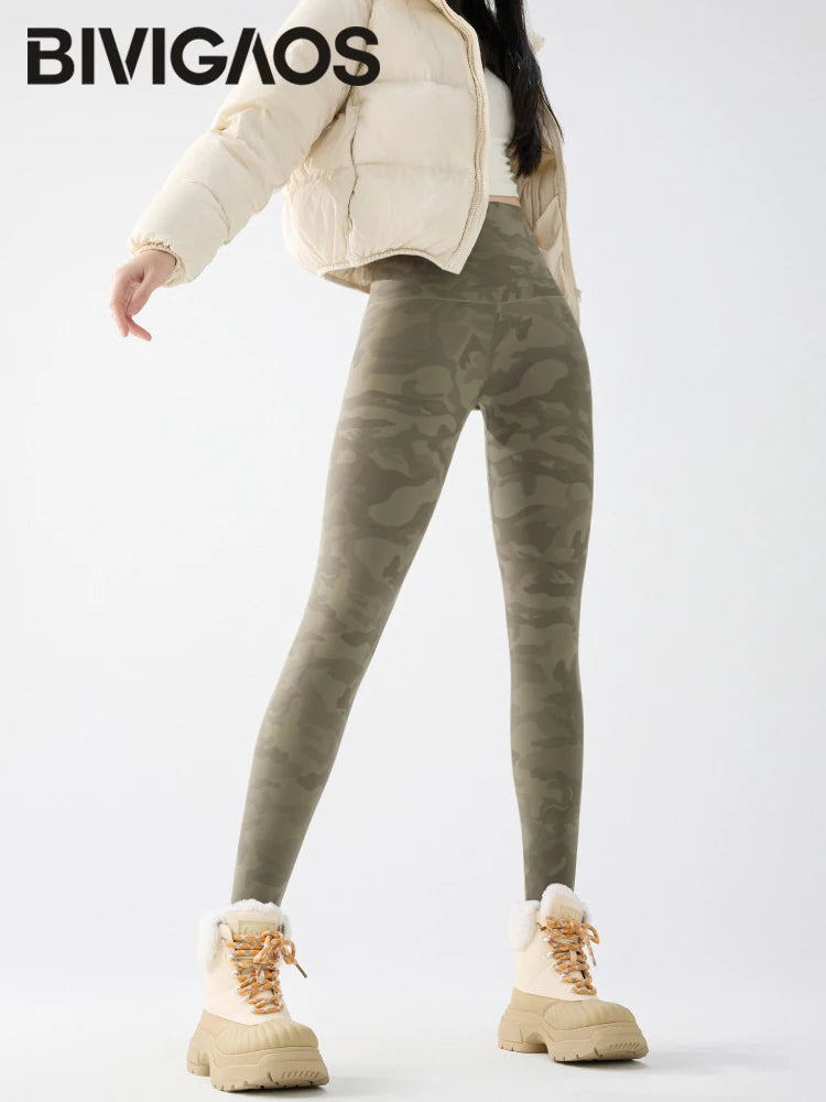 BIVIGAOS 2024 Autumn Winter Camouflage Sharkskin Leggings Brushed Shark Pants Women Thin Fleece Warm Casual Fashion Leggings