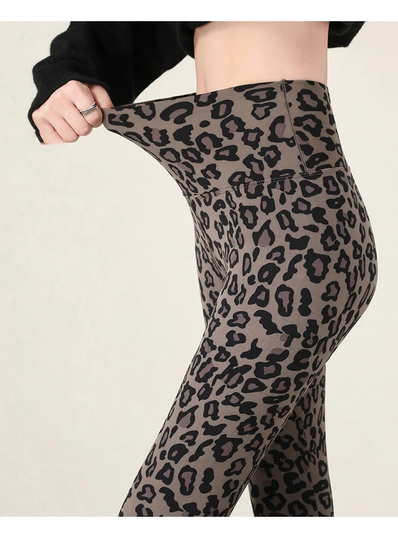 BIVIGAOS New Autumn Winter Thin Velvet Fashion Leopard Sharkskin Leggings Women High Waisted Sexy Slim Tight Warm Leggings