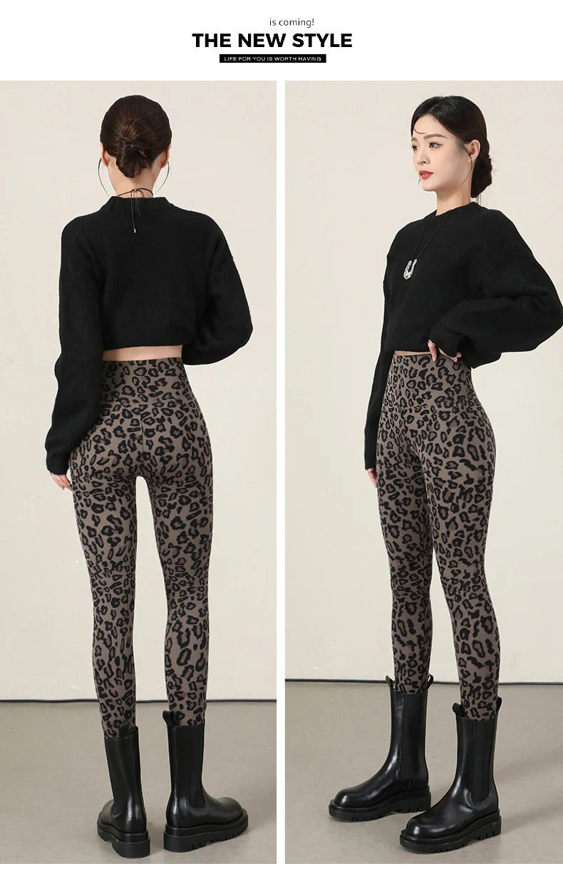 BIVIGAOS New Autumn Winter Thin Velvet Fashion Leopard Sharkskin Leggings Women High Waisted Sexy Slim Tight Warm Leggings