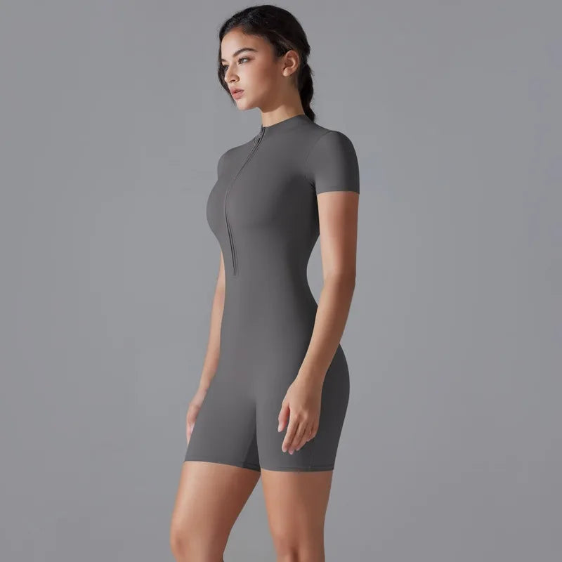 Summer Zipper Workout Jumpsuit Sports Overalls Women Gym Clothing Running Fitness Suits Gym Tracksuit Short Sportswear Yoga Set