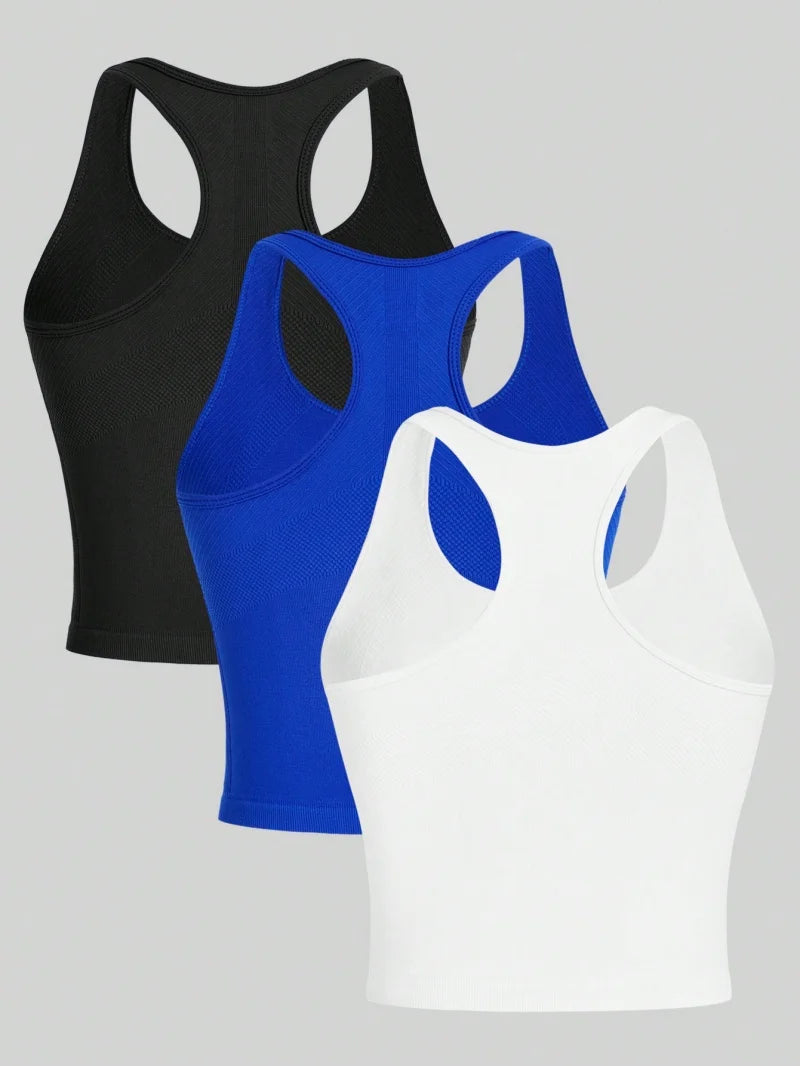 3-Piece Women's Racerback Yoga Vest - Seamless Rib Knit Crop Tops