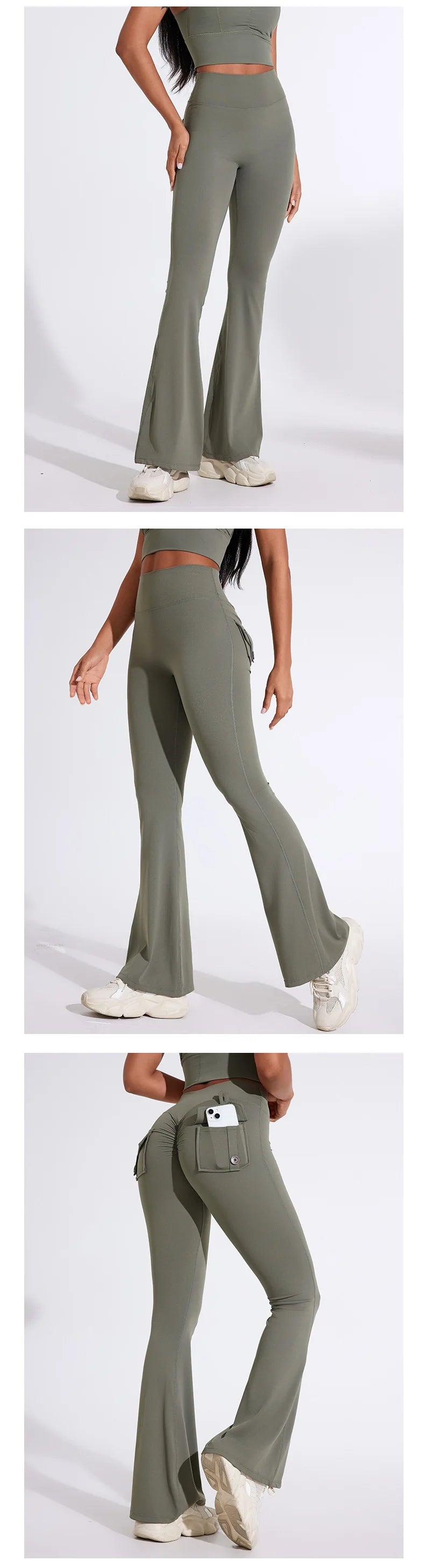 QINACTIVE Fashion Back Pocket  Flared Pants Women Tight-Fit Sexy Slim High Waist Pants Push Up Sport Fitness Flare Leggings
