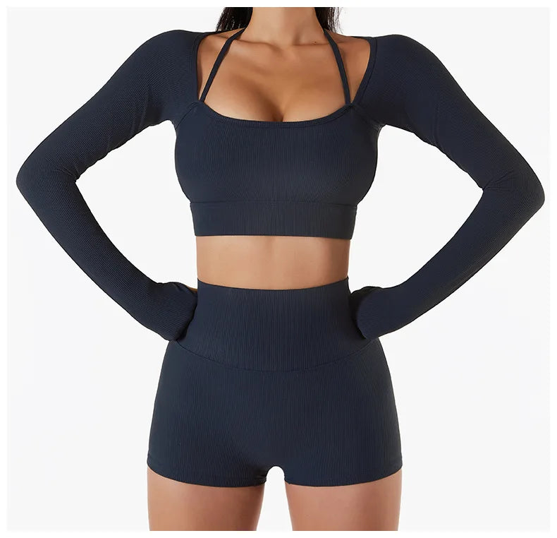Ribbed halter long sleeve yoga top for women.