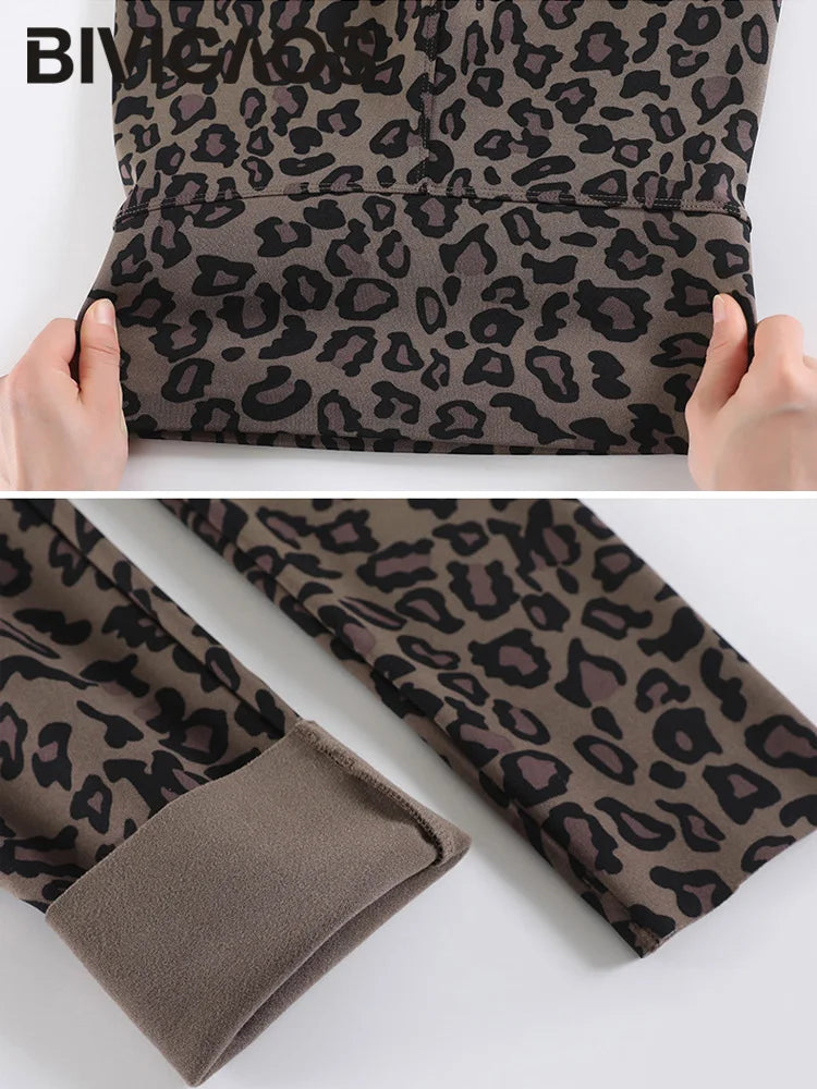 BIVIGAOS New Autumn Winter Thin Velvet Fashion Leopard Sharkskin Leggings Women High Waisted Sexy Slim Tight Warm Leggings
