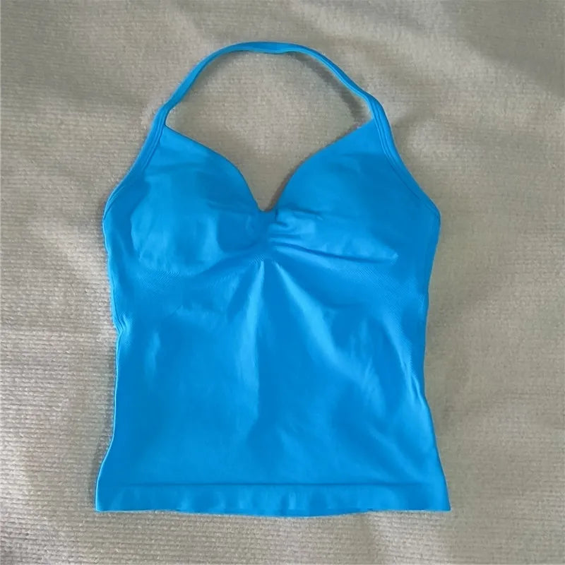 HBC women’s V-neck seamless padded gym tank top, strappy longline sports vest.