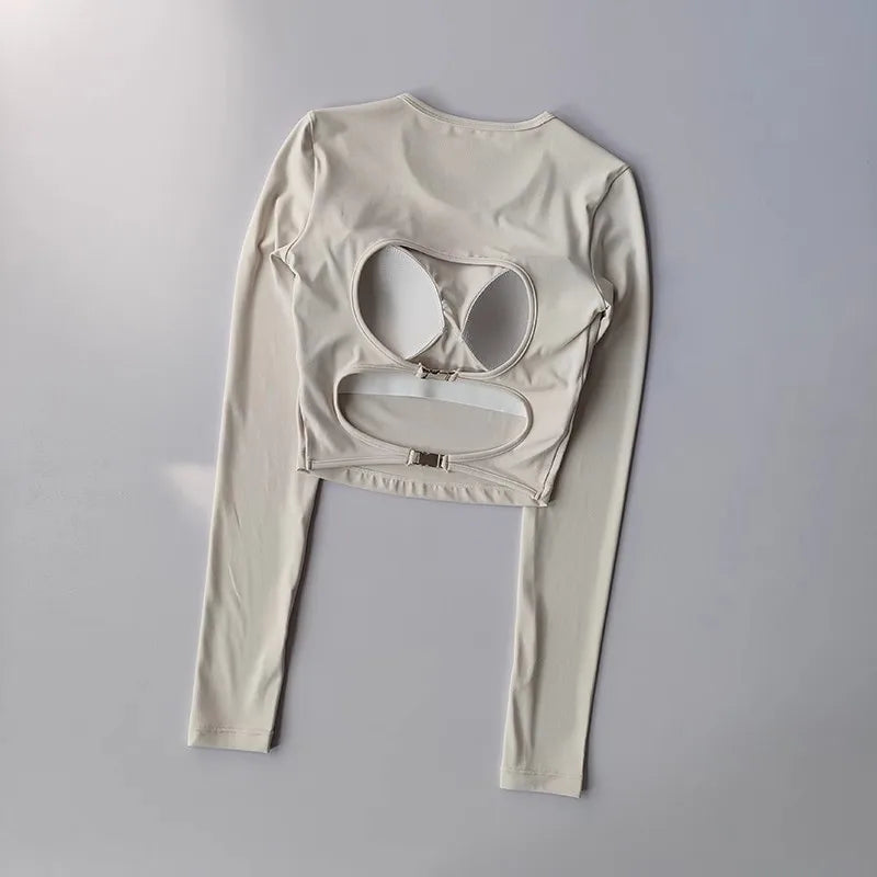 High-End Befit backless long-sleeve yoga top, quick-dry padded gym shirt for women.