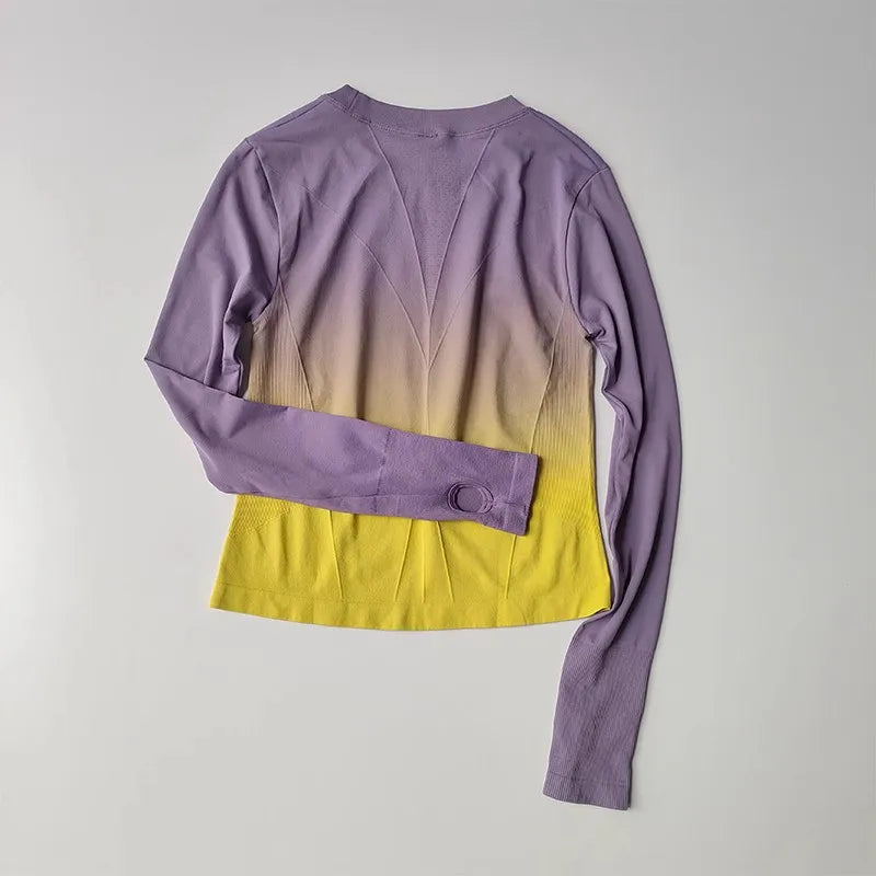 Women's tie-dye long-sleeve workout top for yoga, running, and gym.