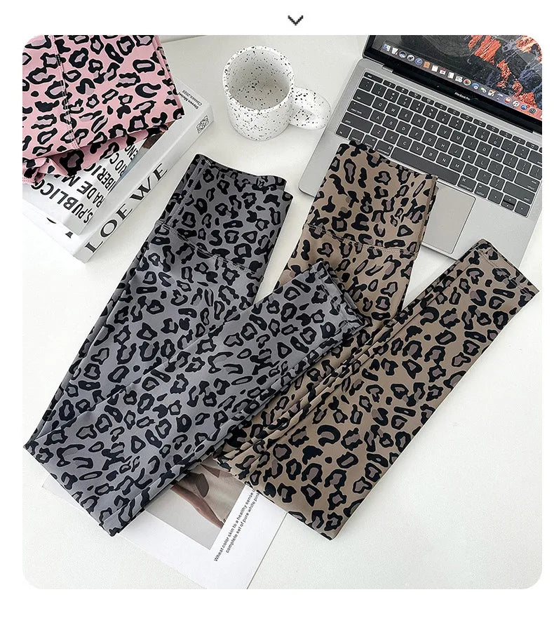 BIVIGAOS 2025 Spring Summer New Pink Leopard Print Sharkskin Leggings Women High Waist Seamless Tight Sexy Sport Fitness Legging