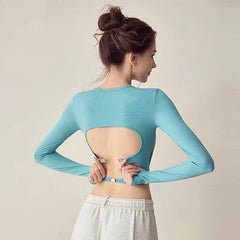 High-End Befit backless long-sleeve yoga top, quick-dry padded gym shirt for women.