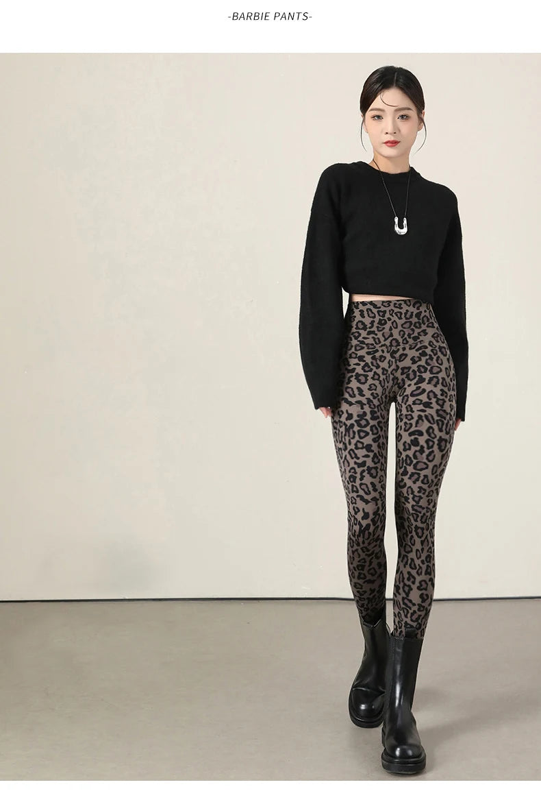 BIVIGAOS New Autumn Winter Thin Velvet Fashion Leopard Sharkskin Leggings Women High Waisted Sexy Slim Tight Warm Leggings