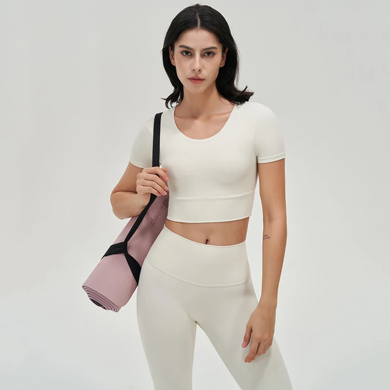 women's nylon gym crop top with removable chest pads, breathable and elastic yoga sport shirt in 6 colors.
