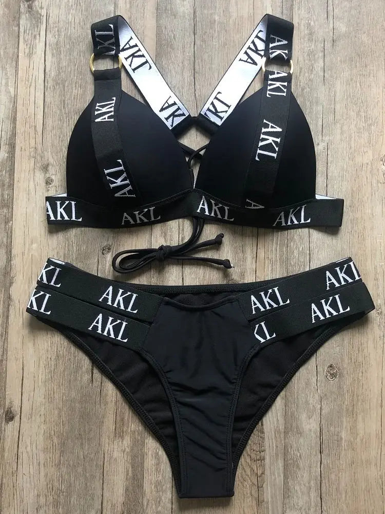 Women's Push-Up Mini Thong Bikini Set - Letter Print Lace-Up Swimsuit