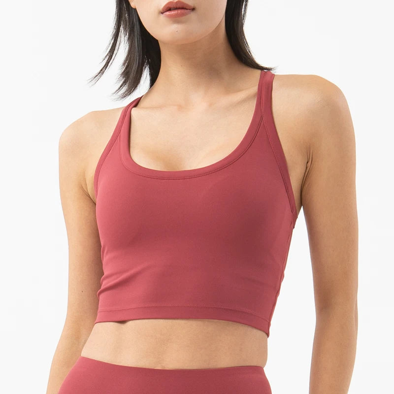 SOISOU Women's Nylon Sports Bra – Double Layer, Removable Pads, Gym & Yoga Top
