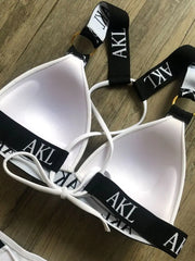 Women's Push-Up Mini Thong Bikini Set - Letter Print Lace-Up Swimsuit